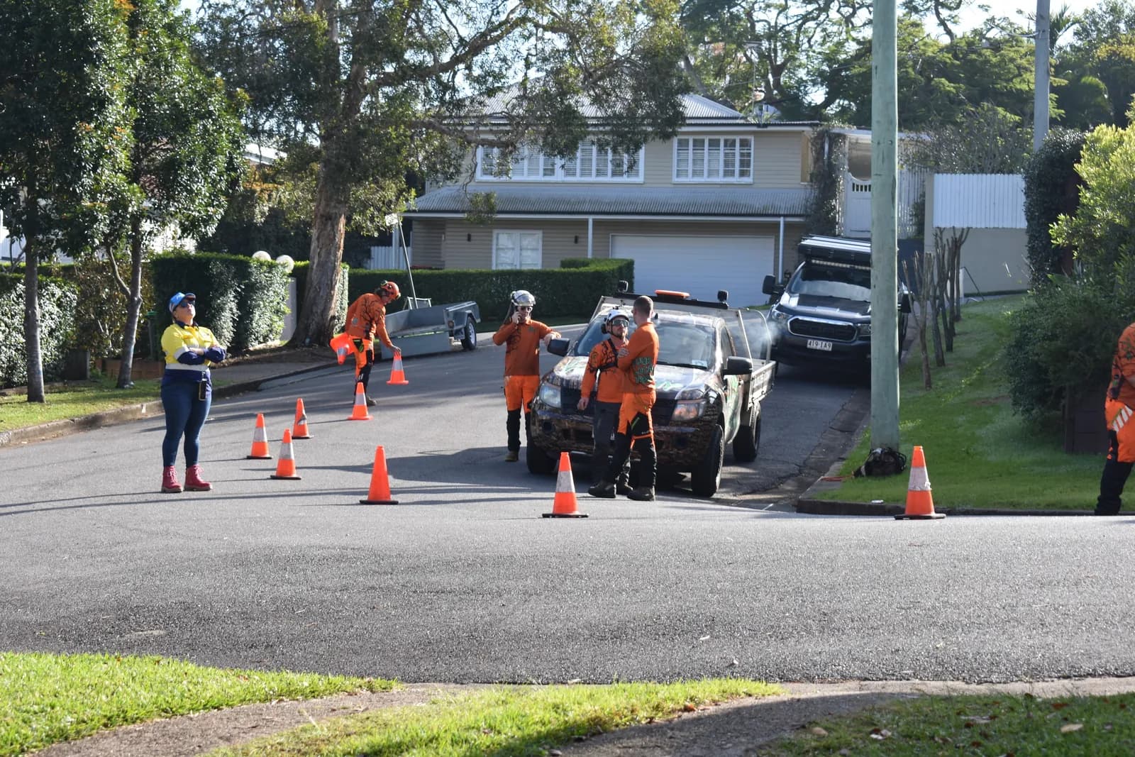 Cones and traffic control set out across the street before work starts